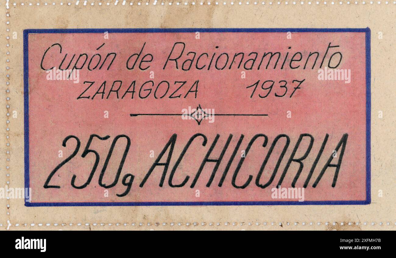 España. Guerra Civil (1936-1939). Cupón de racionamiento por valor de doscientos cincuenta gramos de achicoria, expedido por el Partido Comunista de España (PCE), Saragozza, año 1937. Foto Stock