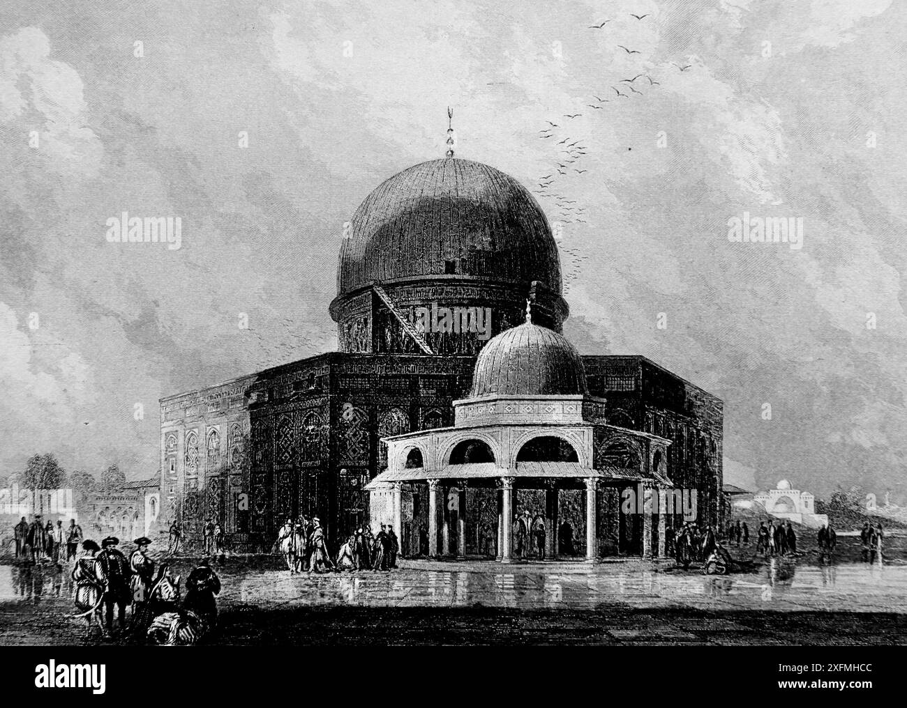 Incisione in bianco e nero della Moschea di Omar (Cupola della roccia) sul Monte Moriah, dove un tempo sorgeva il Tempio di Salomone dall'Impero Foto Stock