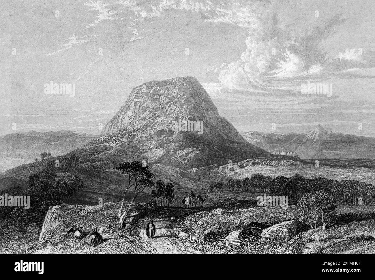Incisione del Monte Tabor in Israele, dove ebbe luogo la battaglia del Monte Tabor tra gli Israeliti e i Cananei del XIX secolo gli Imperi Foto Stock