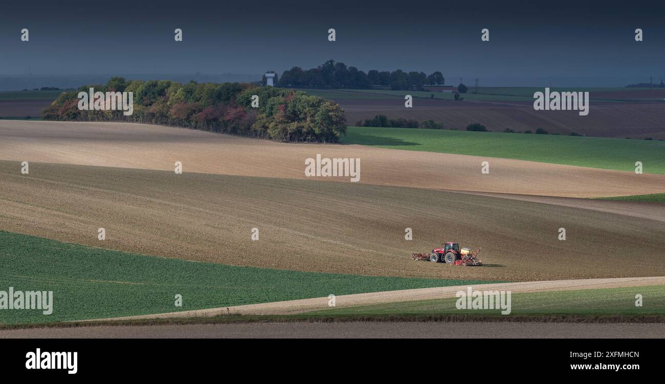 Campo di aratura trattore, Pleine Selve, Piccardia, Francia, ottobre 2016. Foto Stock