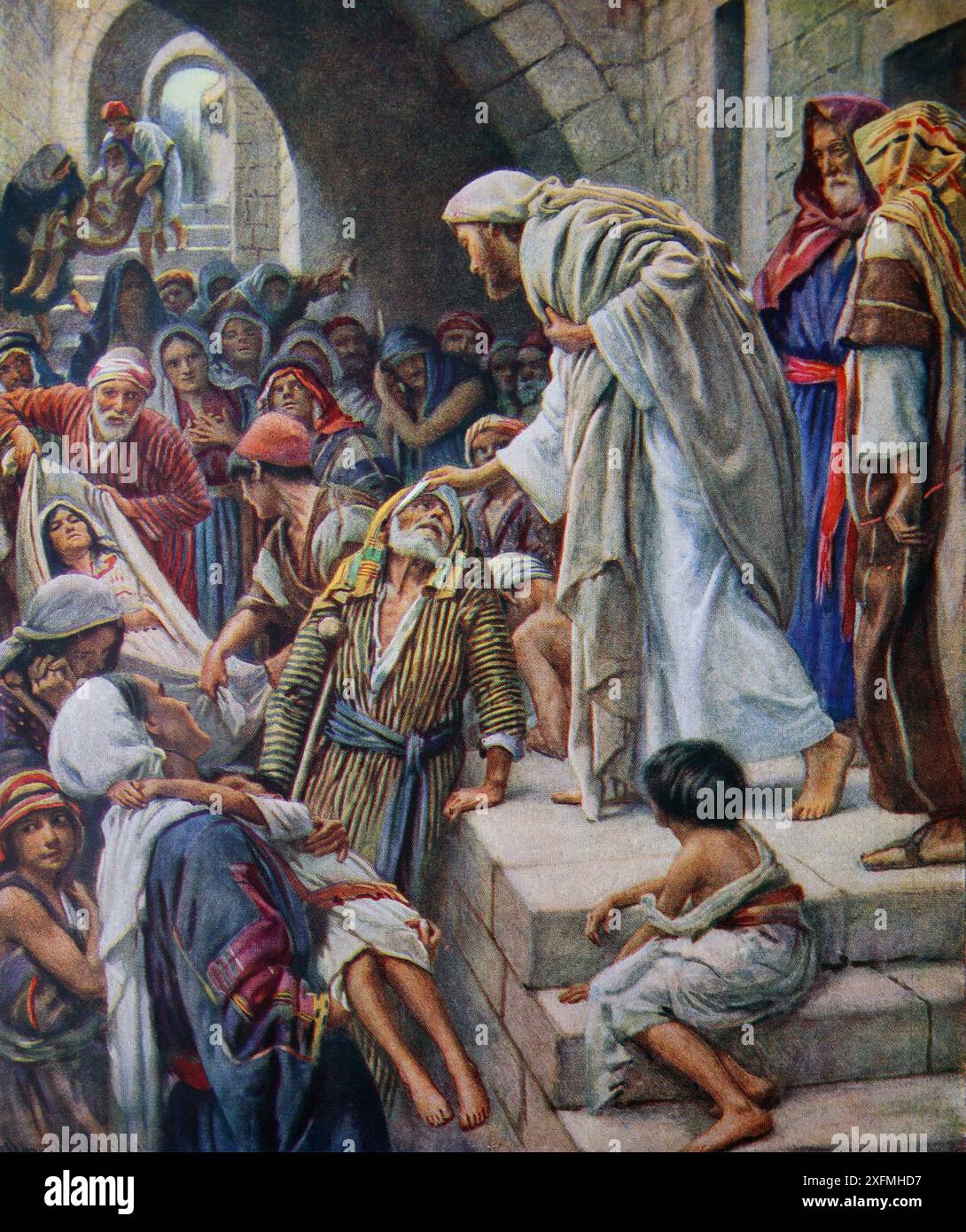 Illustrazione di Gesù Cristo che guarisce il malato (Matteo) di Harold Copping dal libro antico Cristo nostro Signore Foto Stock