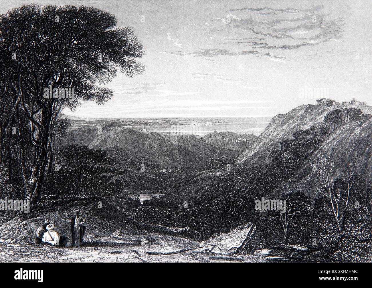 Incisione del 19° secolo della Vista dal Monte Libano che guarda verso la Valle del fiume Nahr-elKelb disegnata da A.W.Callcott da uno schizzo di Albert W. Foto Stock