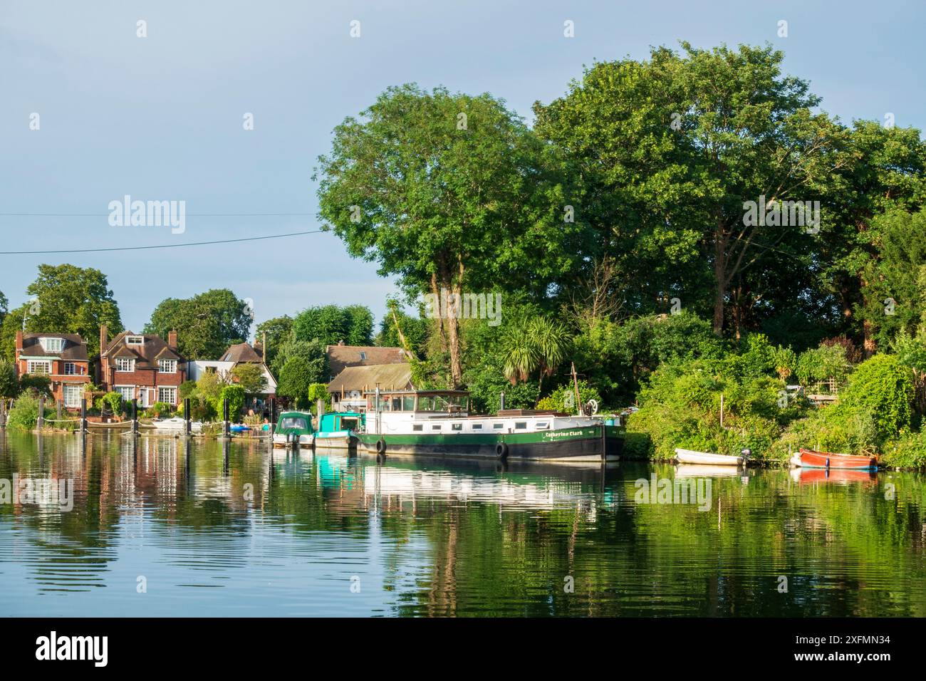Case galleggianti sulla riva del Tamigi a West Molesey in estate Foto Stock
