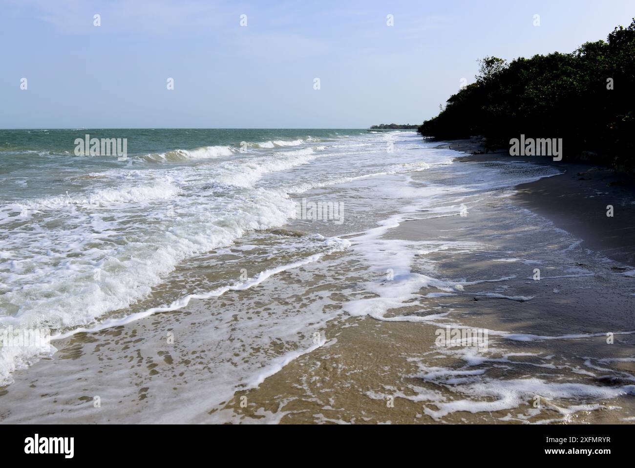 Oceano Atlantico e spiaggia, parco nazionale di Orango, riserva della biosfera UNESCO del Bijagos, Guinea Bissau, febbraio 2015. Foto Stock