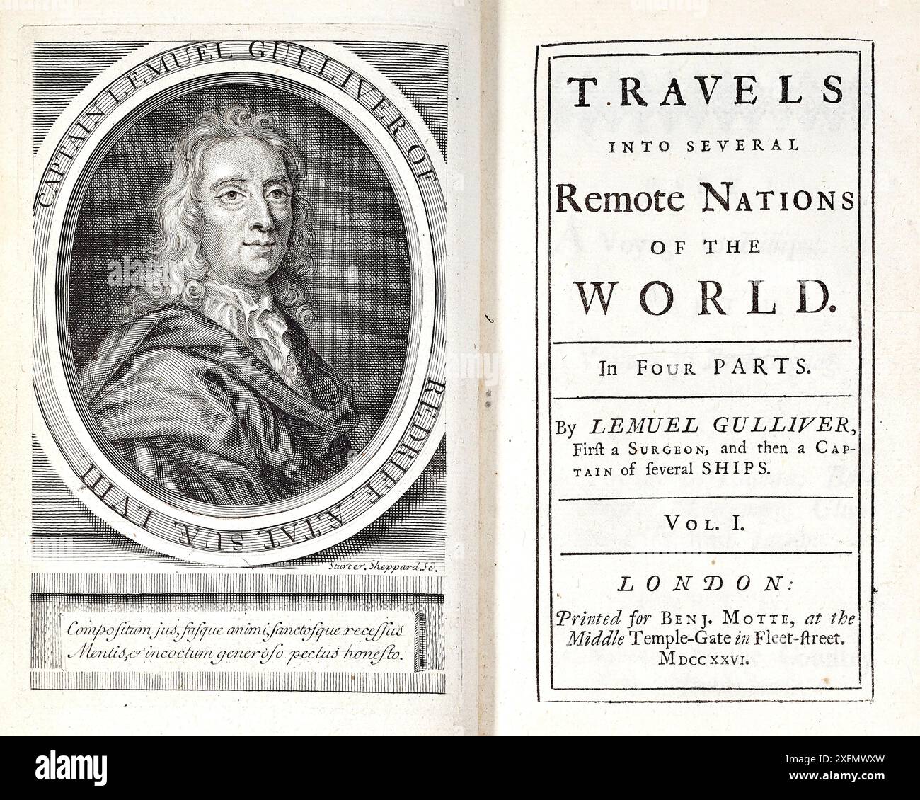 Prima edizione di Gulliver's Travels, 1726. Di Jonathan Swift (1667-1745). Foto Stock