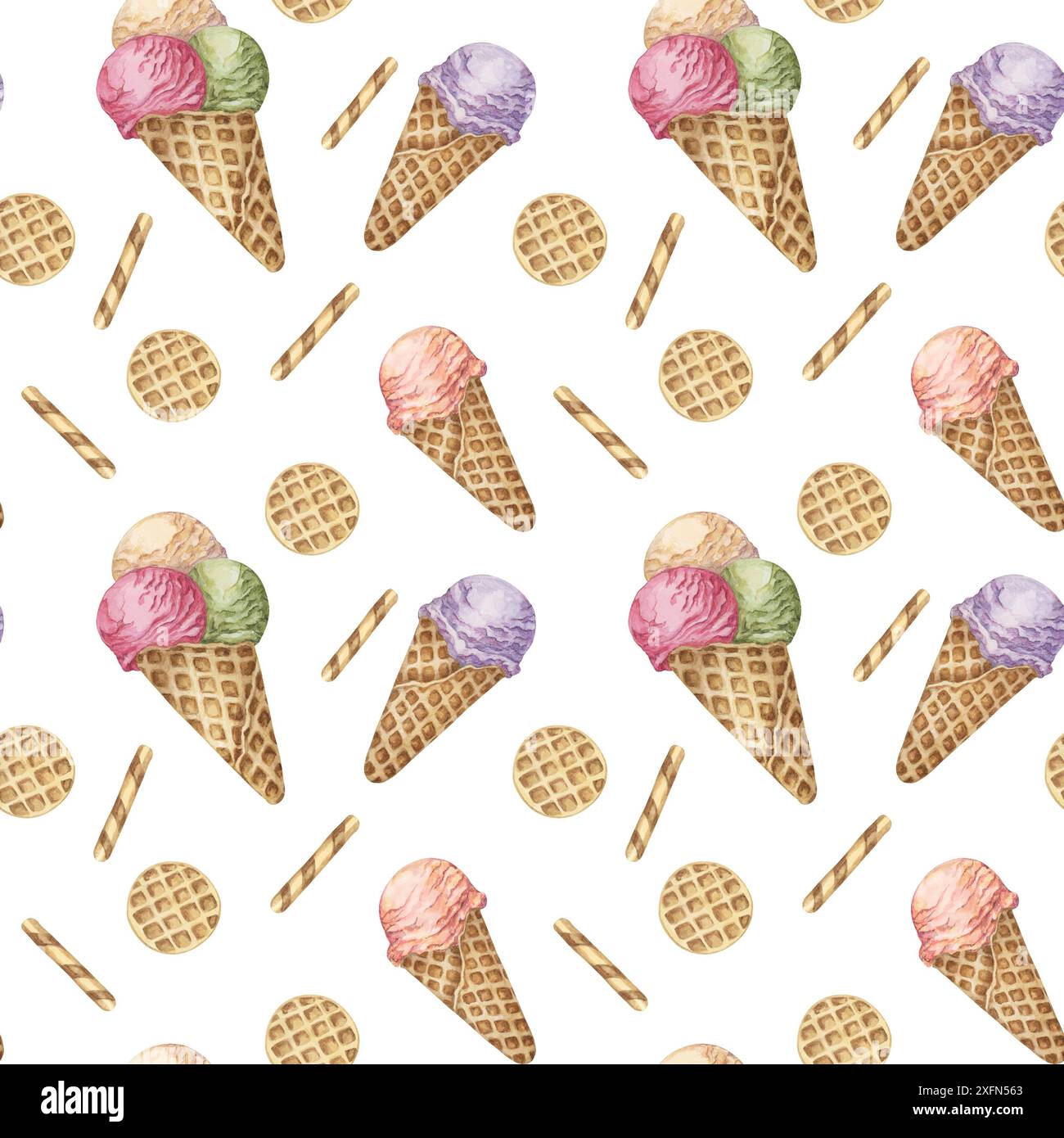 Gelato dai colori pastello fantasiosi, motivo senza cuciture. Clipart dolciario ad acquerello anni '1950. Design da dessert per confezionamento di tessuti, carta da imballaggio, scrapbooking, gelato o sorbetti Foto Stock
