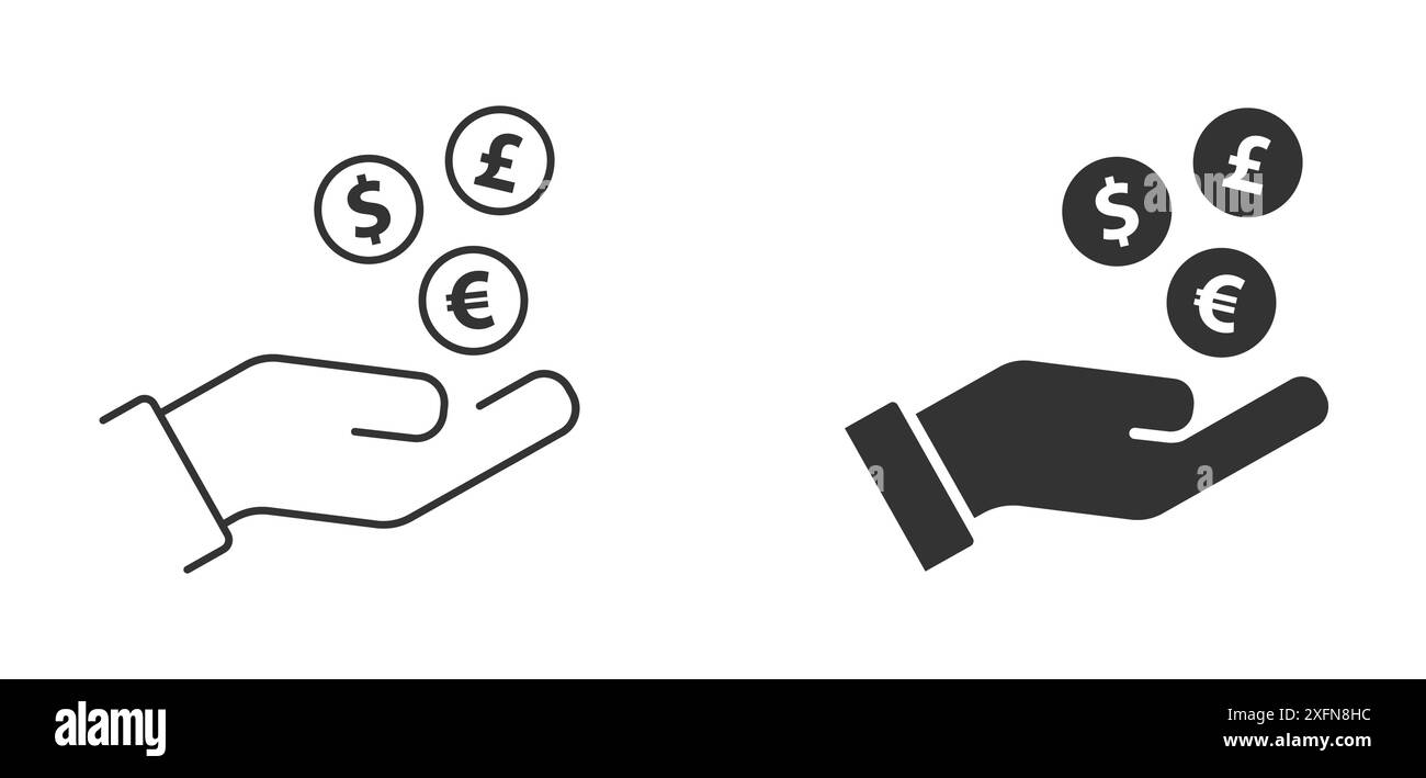 Mano con le icone del denaro. Mano che tiene monete in dollari, euro e sterline. Dichiarazione dei redditi, rimborso iva o altre operazioni di rimborso. Monete di diverse cu Illustrazione Vettoriale