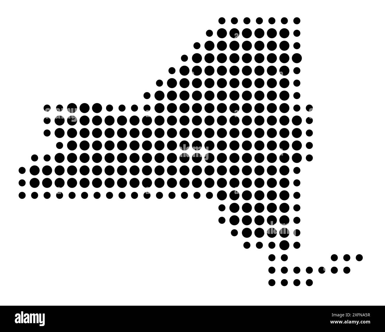Mappa dei simboli dello Stato di New York (Stati Uniti d'America) che mostra lo stato con un motivo di cerchi neri Illustrazione Vettoriale
