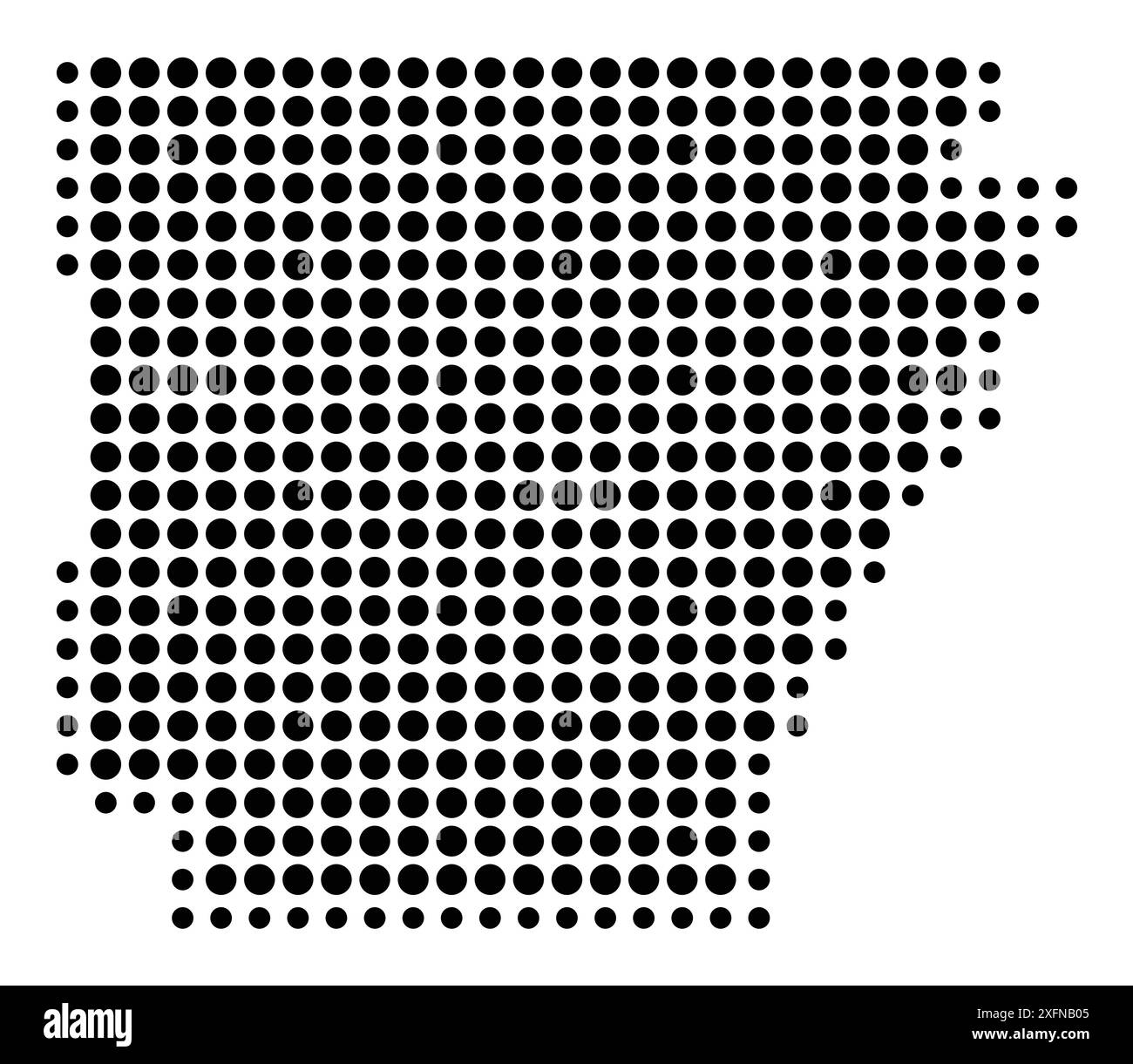 Mappa dei simboli dello Stato dell'Arkansas (Stati Uniti d'America) che mostra lo stato con un motivo di cerchi neri Illustrazione Vettoriale