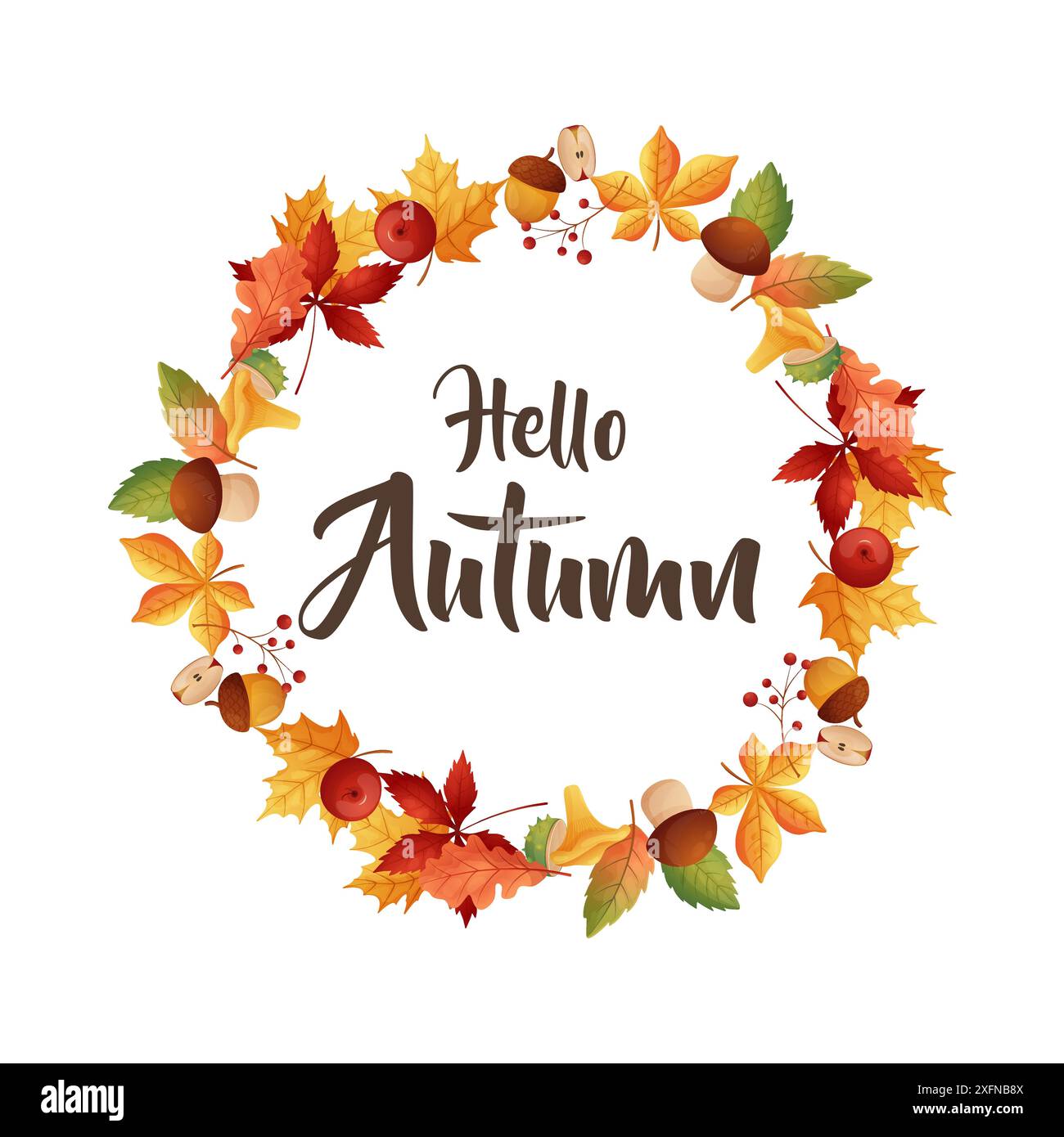 Ciao Autunno. Cornice autunnale con foglie, funghi e raccolta su sfondo bianco. Vettore. Illustrazione Vettoriale