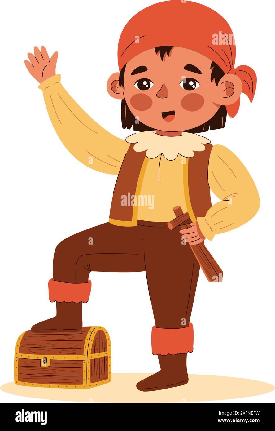 Bambino felice vestito in costume da pirata con spada di legno divertendosi Illustrazione Vettoriale