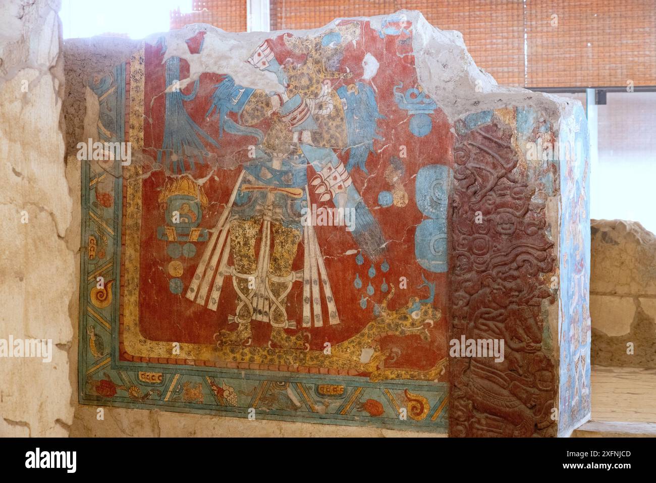 Colorato murale di Cacaxtla mesoamericana, Messico, dal 650 d.C. al 900 d.C.; forse di origine maya. Questo mostra Jaguar-man, o felino. Arte Maya Foto Stock