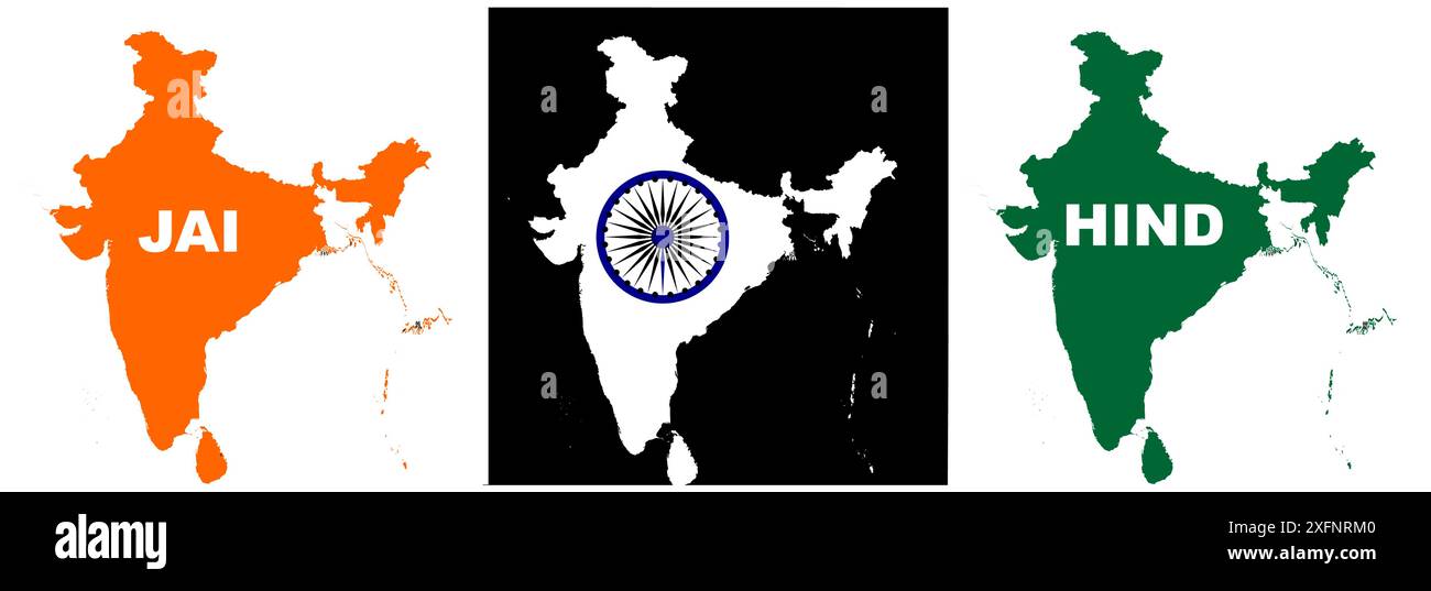 Grafico mappa India, colore ufficiale bandiera indiana, nazione regione dell'atlante Indiano, bandiera 26 gennaio, bandiera 15 agosto, slogan patriottico dell'India, Tiranga Illustrazione Vettoriale
