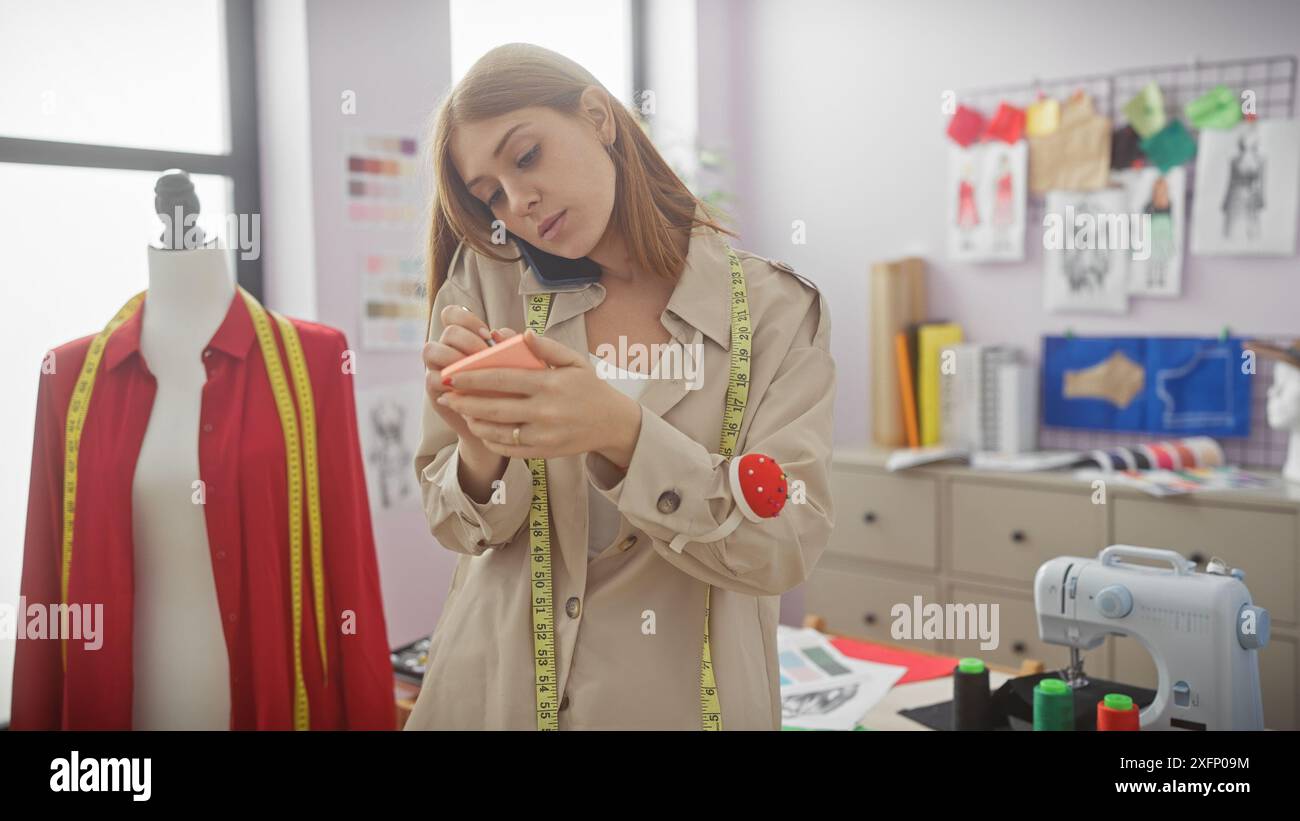 Una giovane donna svolge più attività contemporaneamente in un negozio di sartoria prendendo appunti sul suo smartphone mentre parla al telefono circondato da strumenti per la creazione di sartoria Foto Stock