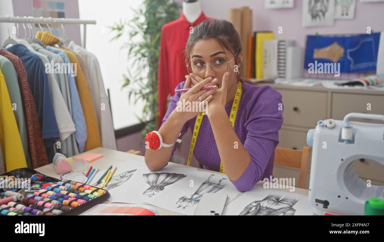 Donna ispanica che riflette sugli schizzi di design in un atelier, circondata da fili colorati e una macchina da cucire. Foto Stock