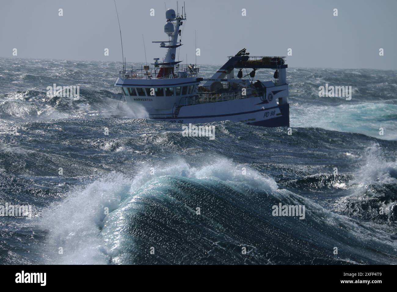 Il peschereccio "Harvester" si dirige verso le zone di pesca ad est delle Shetland durante una tempesta estiva. Agosto 2016. Proprietà rilasciata. Proprietà rilasciata. Foto Stock