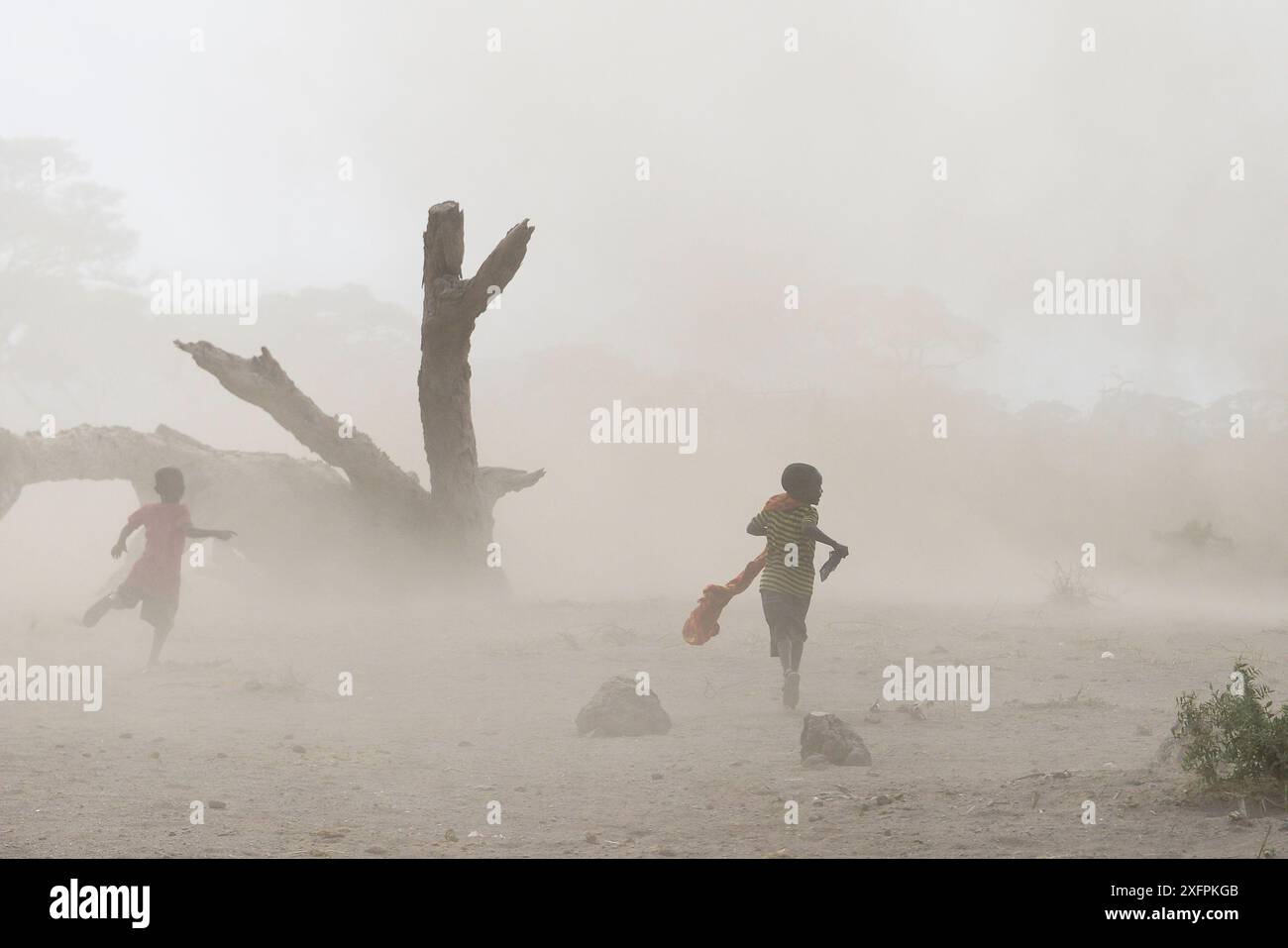 I bambini Maasai corrono in un vortice di polvere e sabbia. Parco nazionale di Amboseli, Kenya. Agosto 2017. Foto Stock