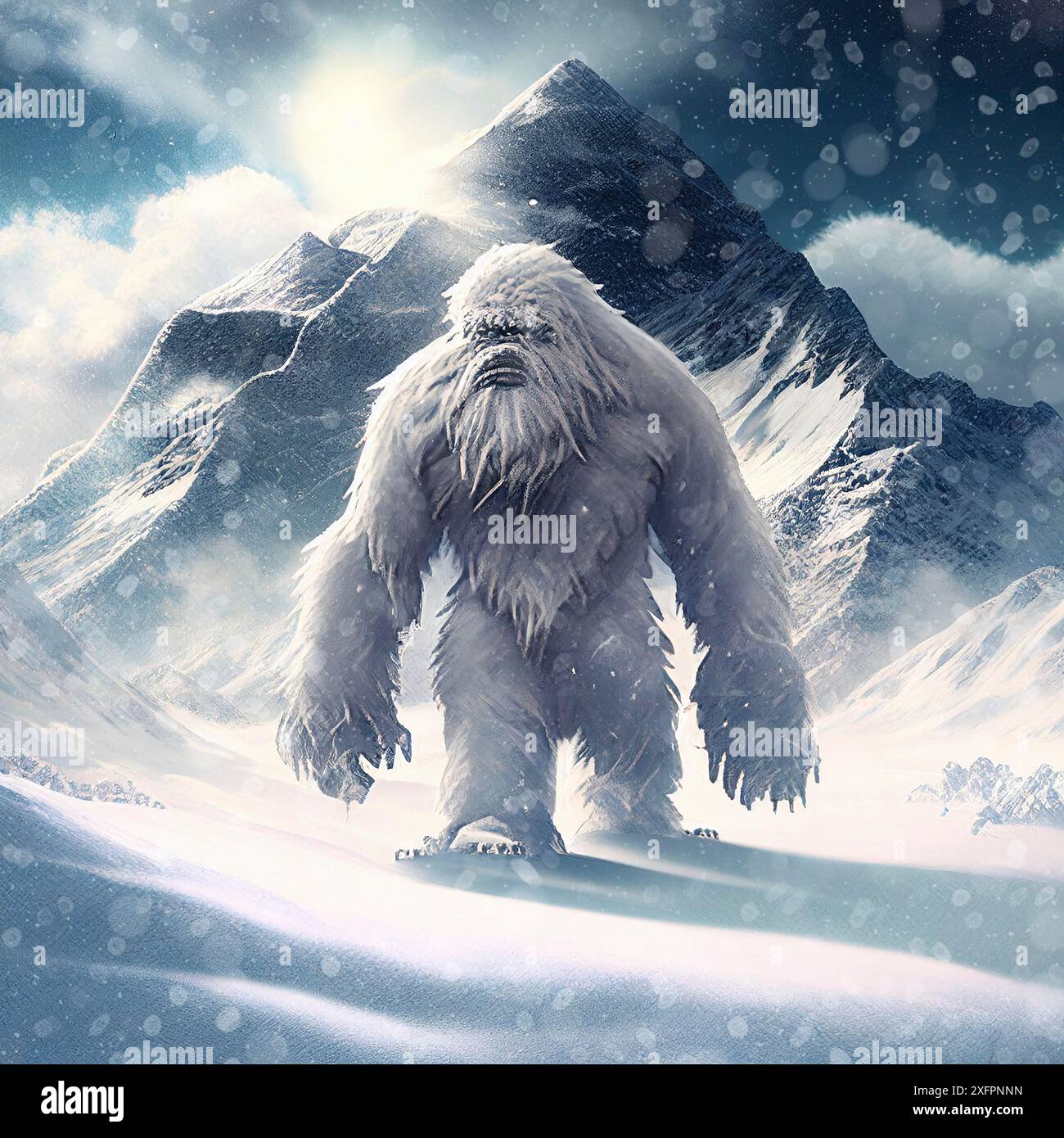 Yeti nella neve copriva le montagne Himalaya, misteriosa creatura a pelliccia che cammina nella natura gelida, Illustrazione Foto Stock