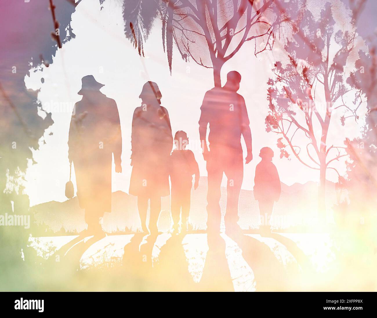 Vita familiare, madre, padre e figli, nonni, sostegno sociale, concetto di salute mentale e di stile di vita Foto Stock