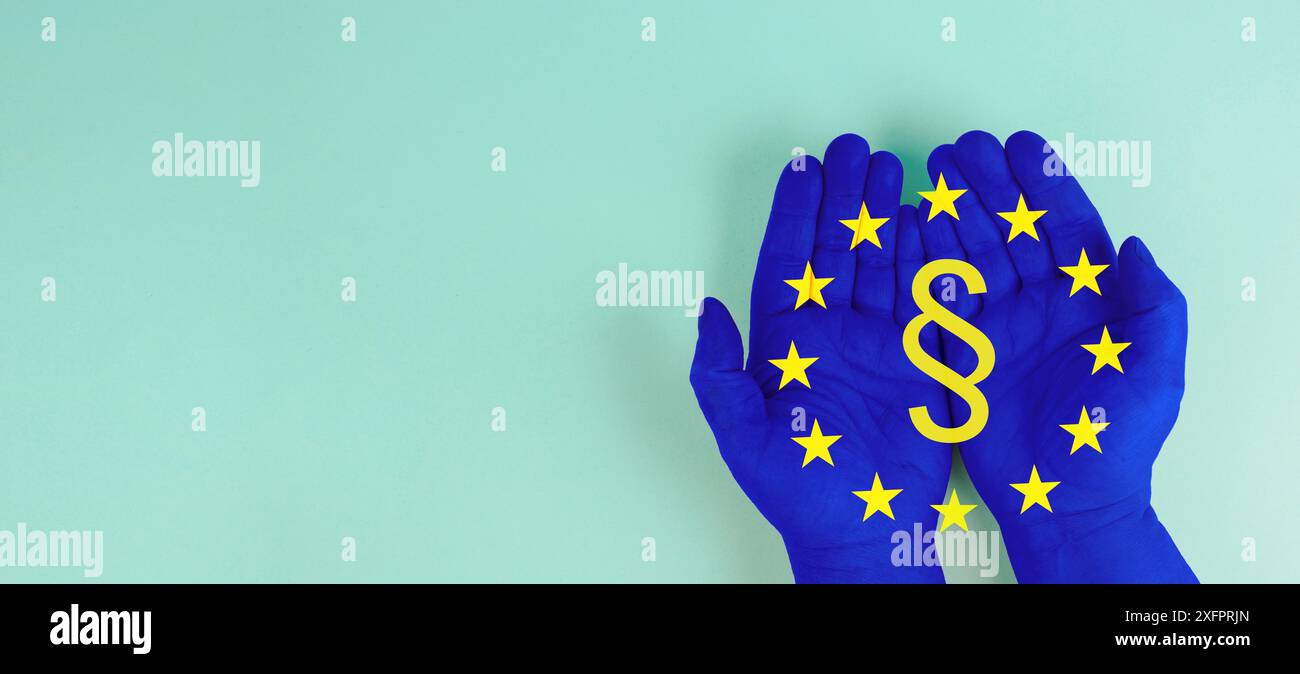 Firma paragrafo in mano, diritto di protezione giuridica, giustizia e autorità giudiziaria, regolamento e diritto d'autore, unione europea Foto Stock