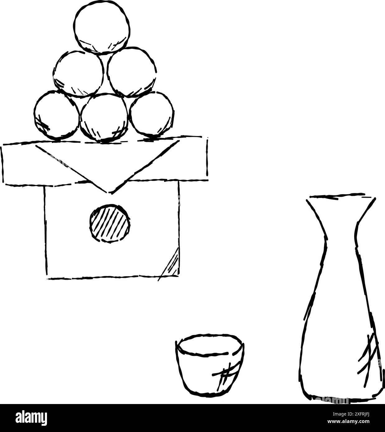 Osservando la linea lunare disegnando un set di ravioli offerti alla luna, una piccola tazza di sake e la bottiglia di sake. Illustrazione Vettoriale