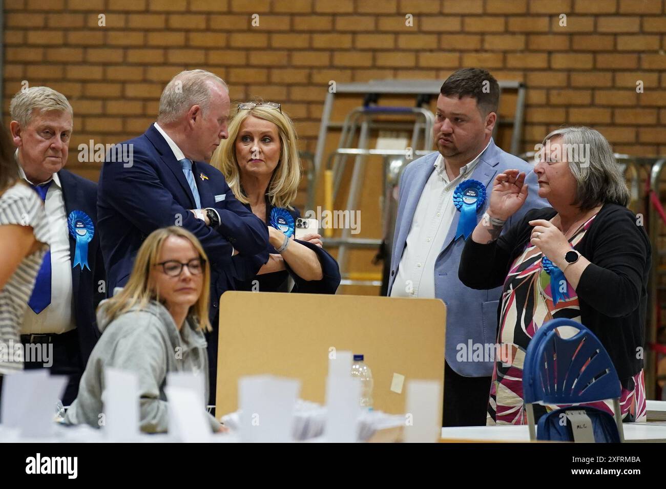 Ministro di Stato senza portafoglio Esther McVey al Macclesfield Leisure Centre, nel Cheshire, per il conteggio per il collegio di Tatton alle elezioni generali del 2024. Data foto: Venerdì 5 luglio 2024. Foto Stock