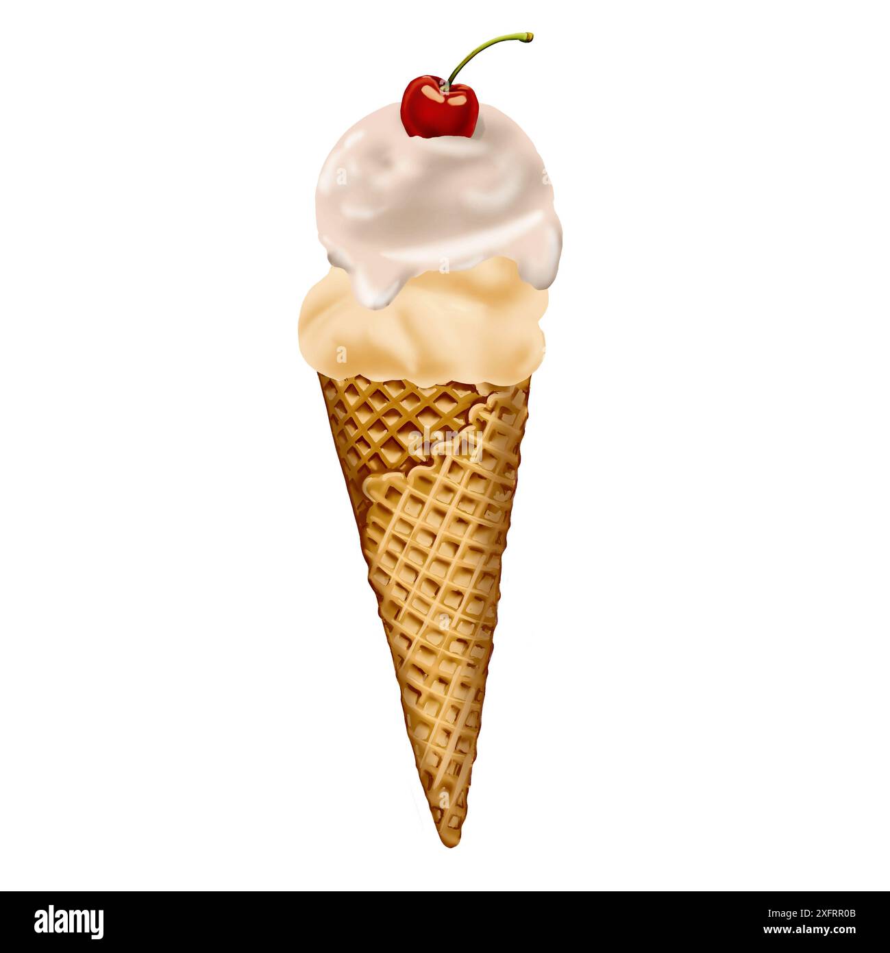 Cono per waffle con due cucchiai di gelato. Uno è bianco, l'altro è giallo. Ciliegia rossa in cima. illustrazione acquerello. Foto Stock