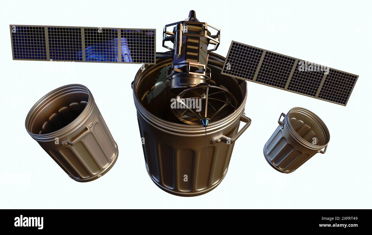 rendering 3d di un modello satellitare metallico rotto sopra un cestino aperto. Foto Stock