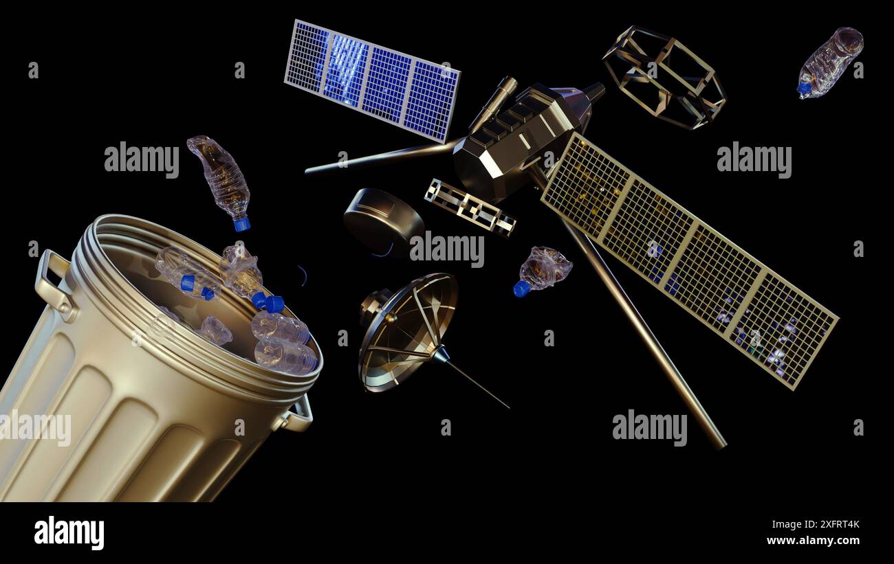 rendering 3d di un modello satellitare metallico rotto sopra un cestino aperto. Foto Stock