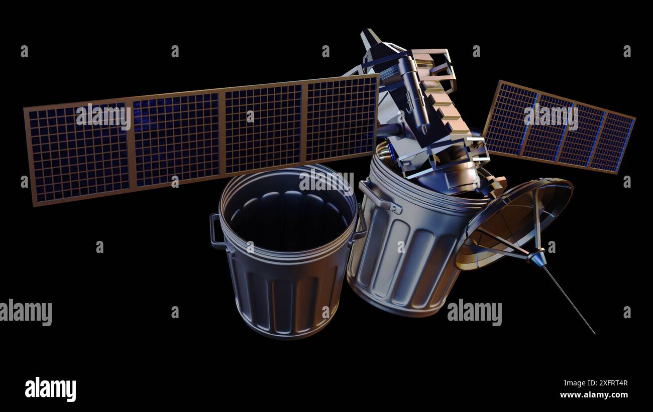 rendering 3d di un modello satellitare metallico rotto sopra un cestino aperto. Foto Stock