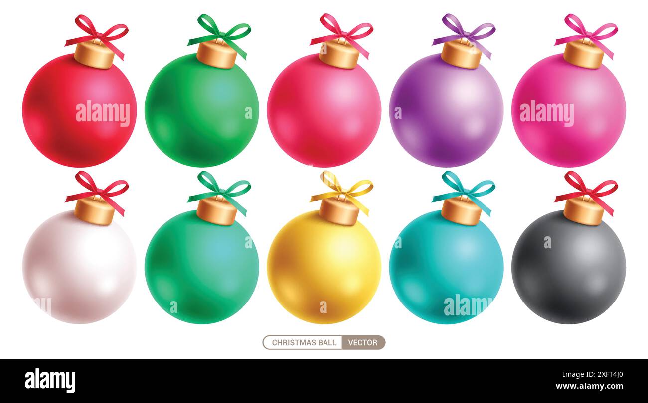 Design vettoriale degli elementi delle palline di Natale. Palline di Natale colorate con una collezione di bauble lucida, lucida, rotonda e sferica. Vettore Illustrazione Vettoriale