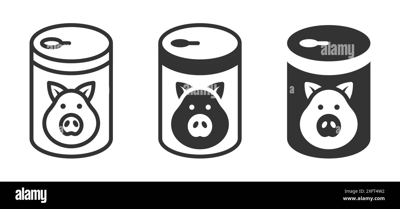 Icone vettoriali della faccia di maiale sul cibo in scatola in stile bianco e nero minimalista, ideali per i temi del confezionamento alimentare Illustrazione Vettoriale