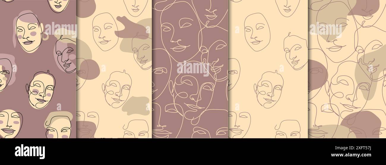 Set di ripetizioni senza giunture con disegni di facce femminili a linea continua Illustrazione Vettoriale