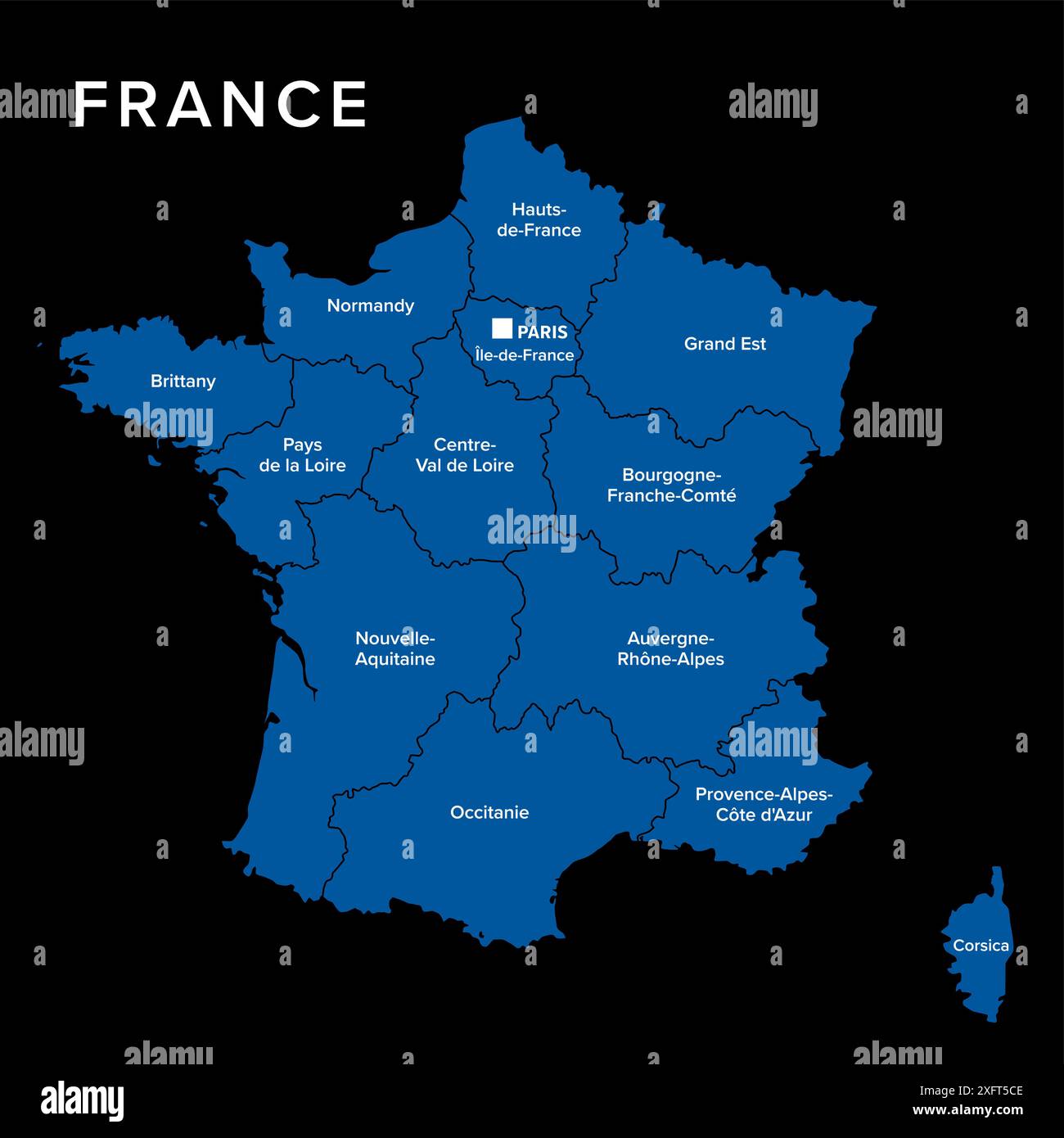 Francia, mappa politica oscura con regioni della Francia metropolitana. Repubblica francese con capitale Parigi, regioni amministrative e prefetture. Foto Stock