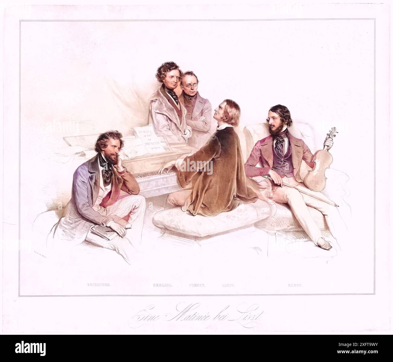 Eine Matinee bei Liszt, Gruppenbild mit Hector Berlioz, Carl Czerny, Franz Liszt, Heinrich Wilhelm Ernst und Josef Kriehuber, Historisch, digital Rest Foto Stock