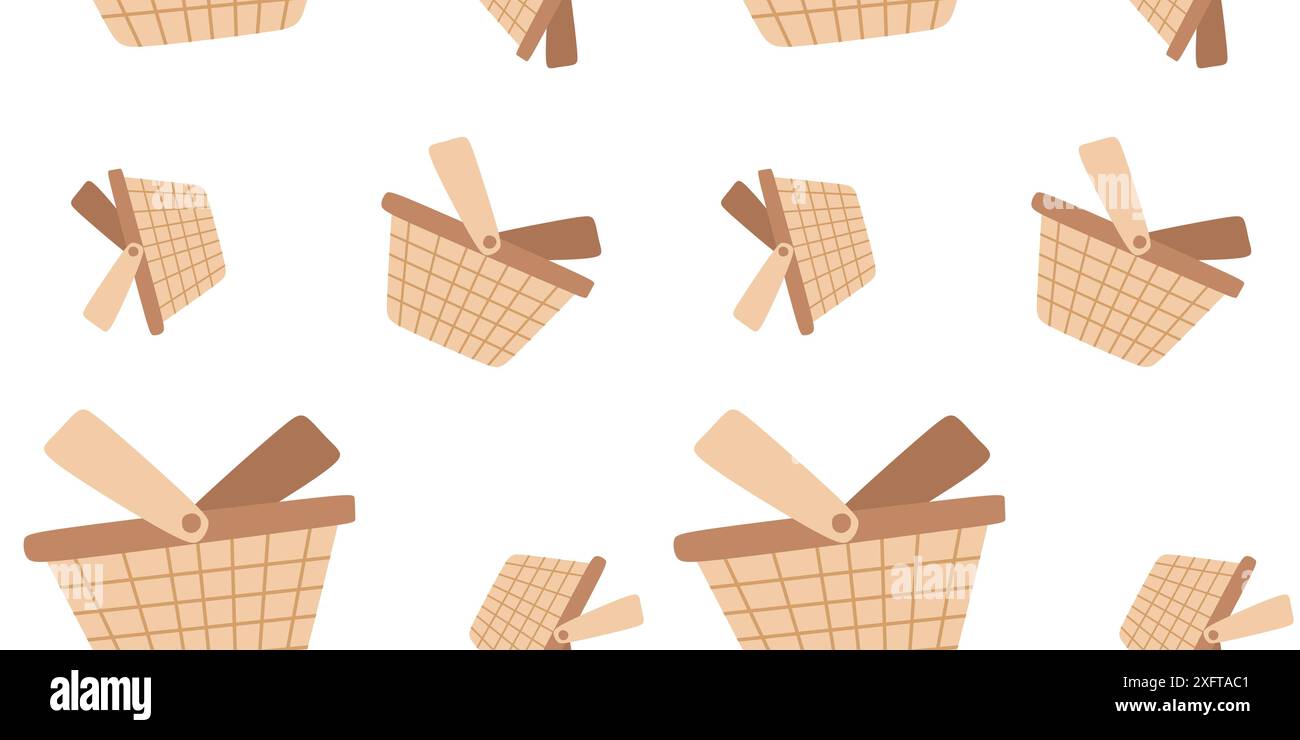 Cestello in vimini motivo senza cuciture vettoriale, scatola da picnic vuota disegnata a mano isolata su sfondo bianco. Illustrazione Flat Cartoon per modello poster, Illustrazione Vettoriale