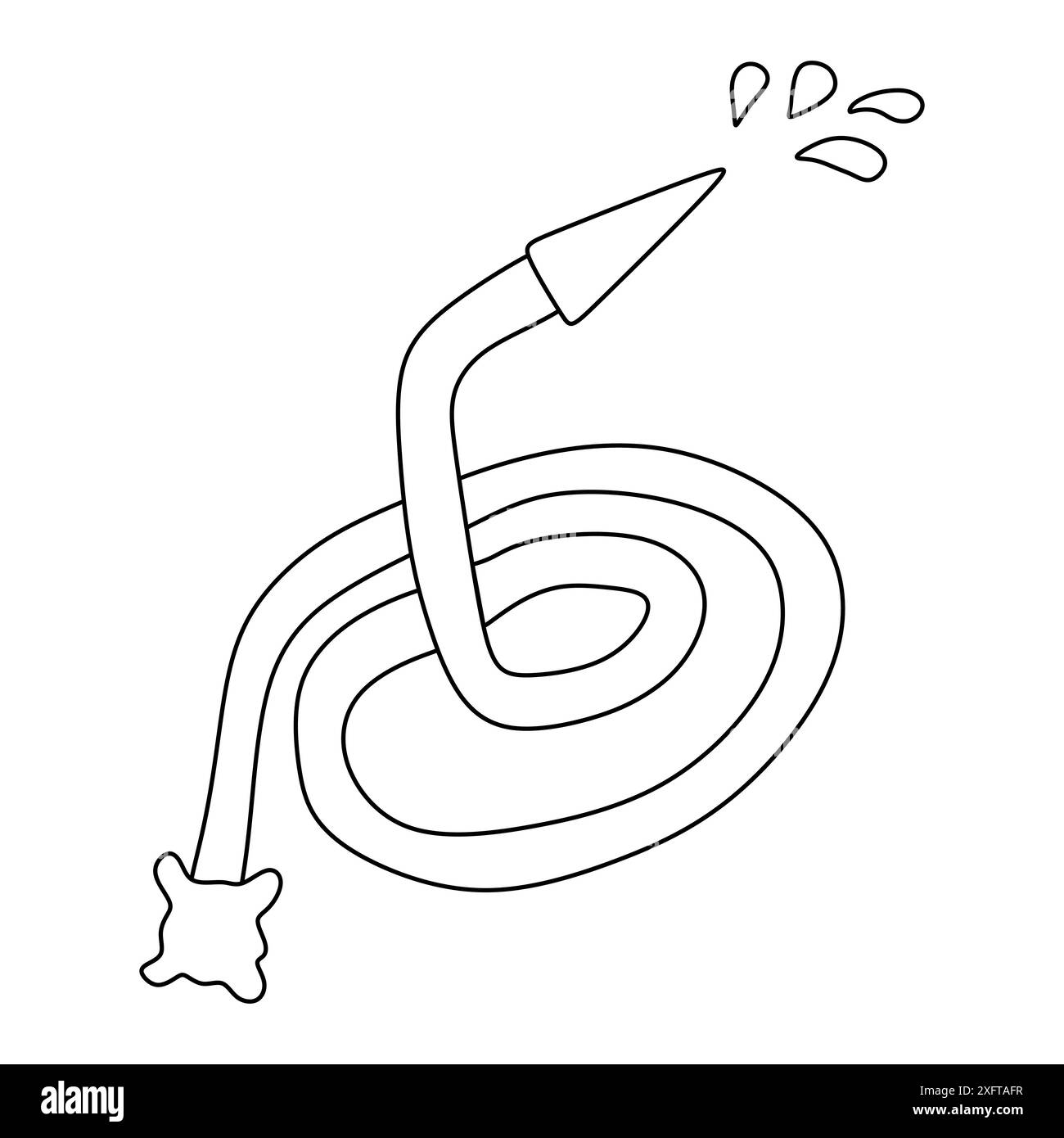 Tubo per innaffiare con gocce d'acqua, elemento da giardino, contorno vettoriale a forma di scarabocchio per libro da colorare. Grafica delle attrezzature da giardinaggio isolate su W Illustrazione Vettoriale