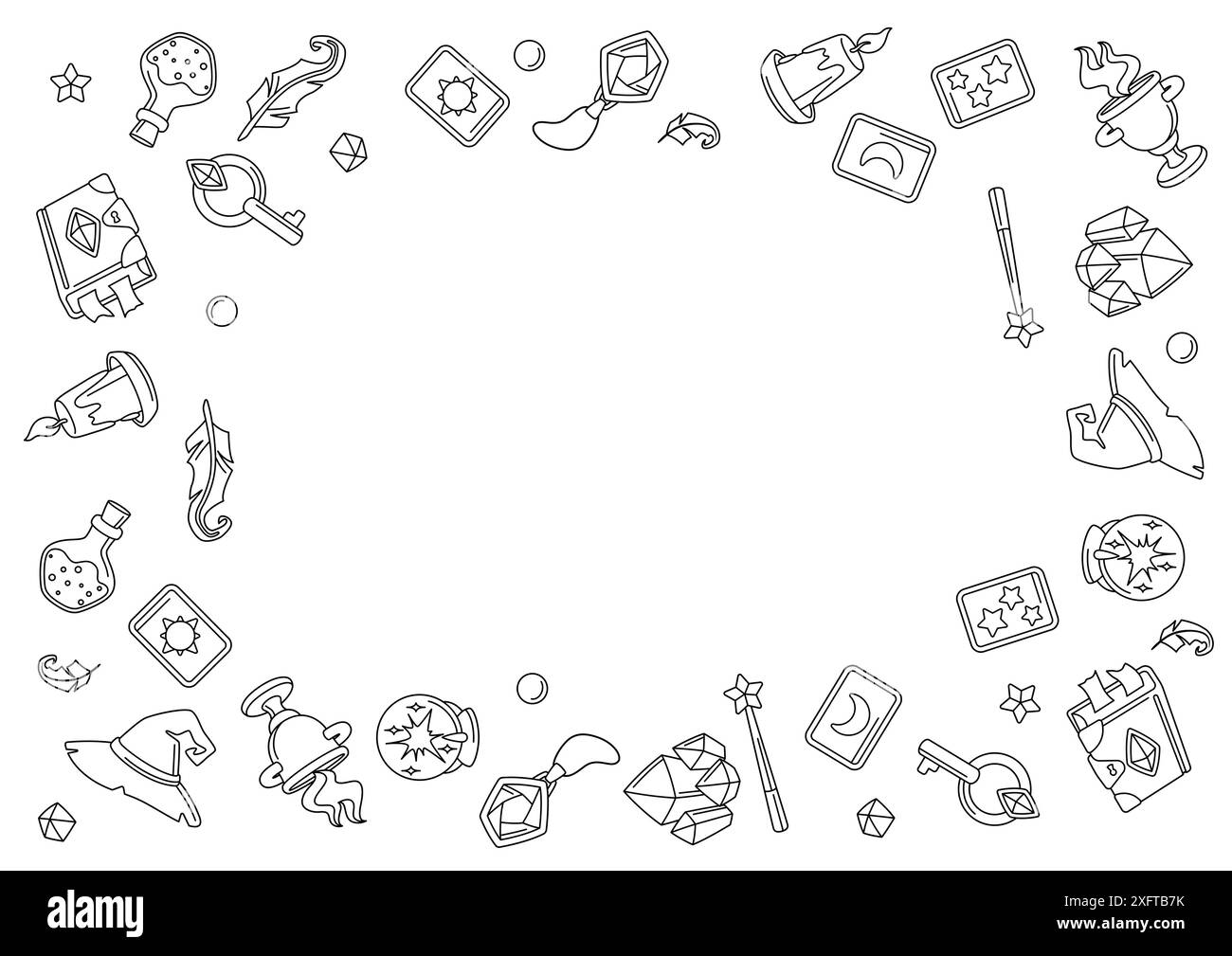 Inquadra con oggetti magici. Alchimia della stregoneria elementi misteriosi. Illustrazione Vettoriale