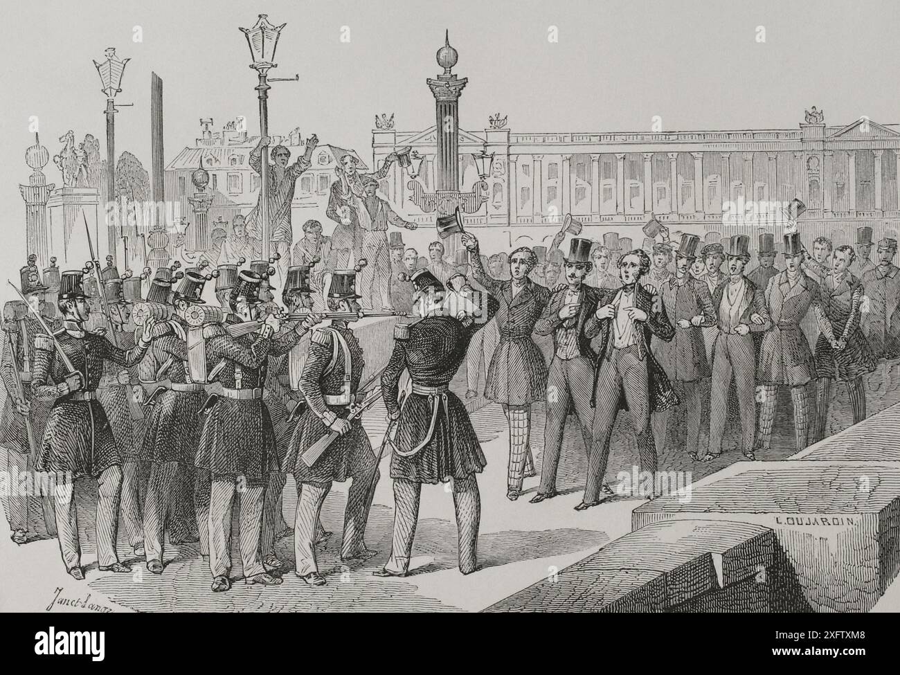 Rivoluzione francese del 1848. Rivolta popolare a Parigi dal 23 al 25 febbraio 1848, guidata da lavoratori e studenti, cui si unirono la Guardia Nazionale. Di conseguenza, e per evitare spargimenti di sangue, re Luigi Filippo i (1773-1850), assediato nelle Tuileries, abdicò il 24 in favore di suo nipote, il principe Filippo d'Orléans (1838-1894), conte di Parigi. Studenti sul Pont de la Concorde di fronte alle truppe. L'esercito indeciso. Disegno di Janet-Lange. Incisione di Dujardin. "Los Héroes y las Grandezas de la Tierra" (gli eroi e i magnifici della Terra). Volume VIII. 1856. Foto Stock