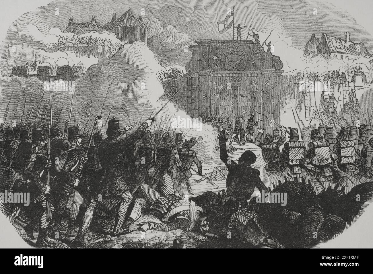 Rivoluzione ungherese del 1848 (15 marzo 1848-4 ottobre 1849). Assedio di Buda (dal 4 al 21 maggio 1849). Il generale Heinrich Hentzi (1785-1849) organizzò una difesa sul lato di Buda del Danubio nell'aprile 1849, localizzando il suo quartier generale nel castello di Buda dopo l'evacuazione austriaca di Pest. Hentzi riuscì a resistere all'assedio ungherese per più di un mese, rifiutandosi di arrendersi per lealtà al Kaiser Francesco Giuseppe i d'Austria. Alla fine di maggio, le truppe ungheresi al comando del generale Artúr Görgey (1818-1916) assaltarono Buda e il suo castello. Gli ungheresi conquistano Buda. Incisione. "Los Héroes y las Grandezas de la Tierra" (T Foto Stock
