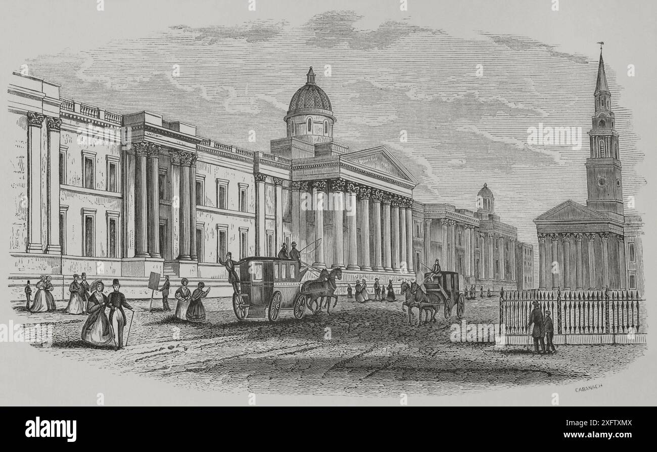 Londra, Inghilterra. La National Gallery. L'edificio è stato progettato dall'architetto William Wilkins (1778-1839) tra il 1832 e il 1838, sul sito dell'ex Royal Mews a Charing Cross. Incisione di Cabanach. "Los Héroes y las Grandezas de la Tierra" (gli eroi e i magnifici della Terra). Volume VIII. 1856. Foto Stock