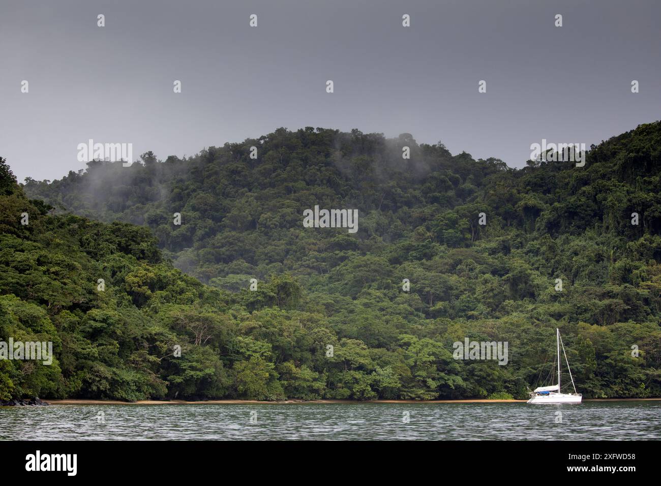 Barca a vela di fronte all'isola di Nosy Mangabe coperta dalla foresta pluviale, Nosy Magabe, Parco Nazionale di Masoala, Madagascar nord-orientale. Agosto. Foto Stock