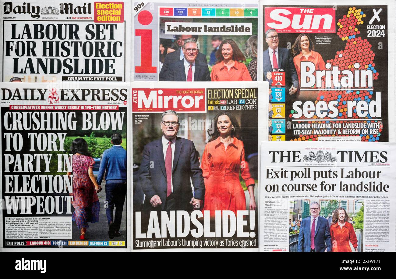 5 luglio 2024. Prime pagine dei giornali britannici dopo il voto schiacciante ai laburisti alle elezioni generali del 2024. Foto Stock
