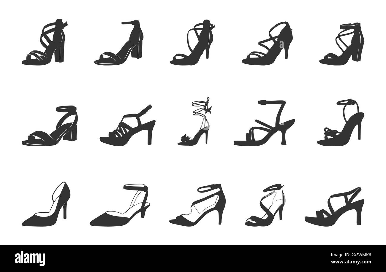 Silhouette con tacco alto, silhouette di scarpe da donna, silhouette di scarpe, clipart di scarpe, tacchi alti vettoriali. Illustrazione Vettoriale