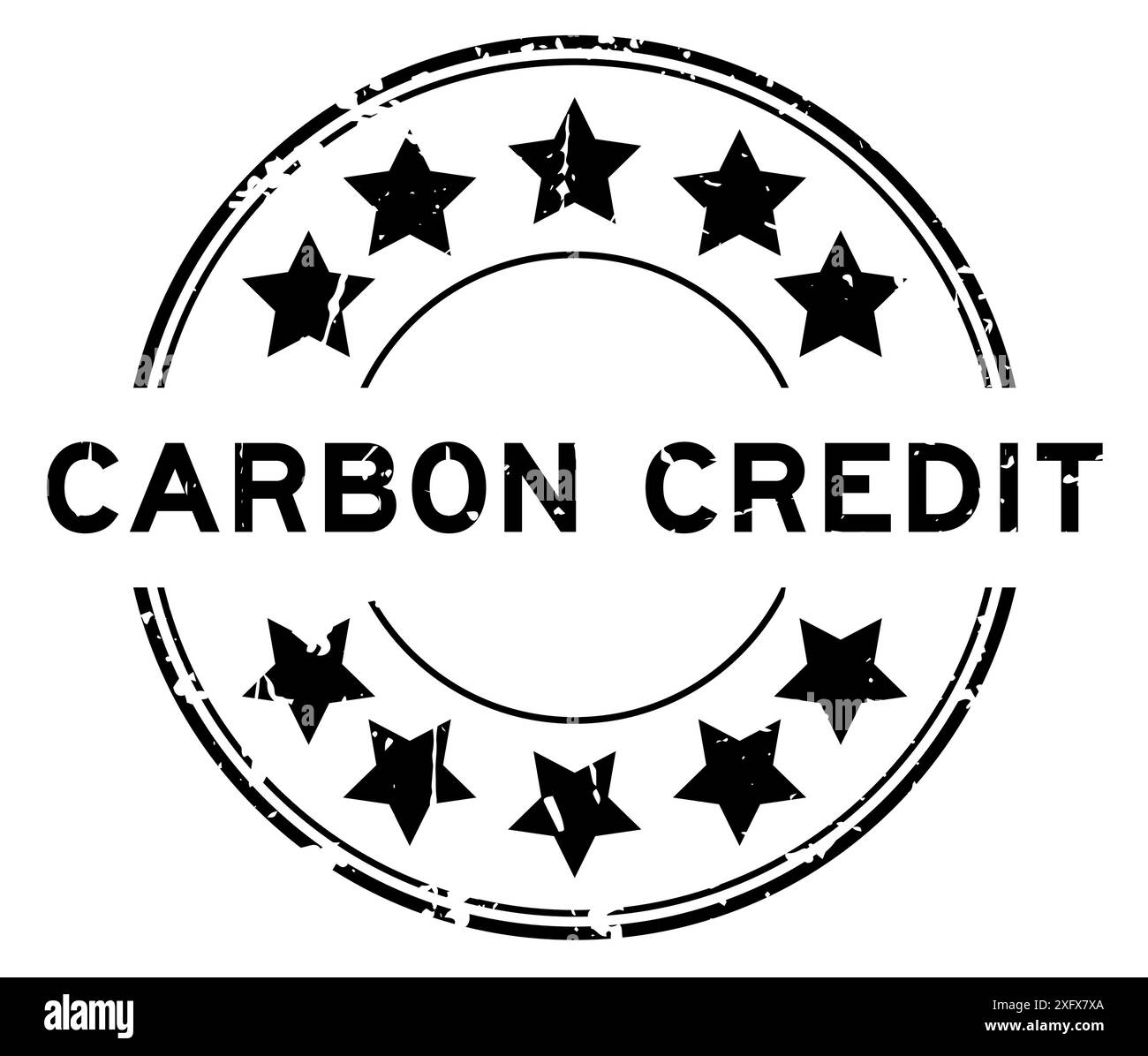 Parola di credito nera grunge in carbonio con icona a forma di stella timbro rotondo in gomma su sfondo bianco Illustrazione Vettoriale