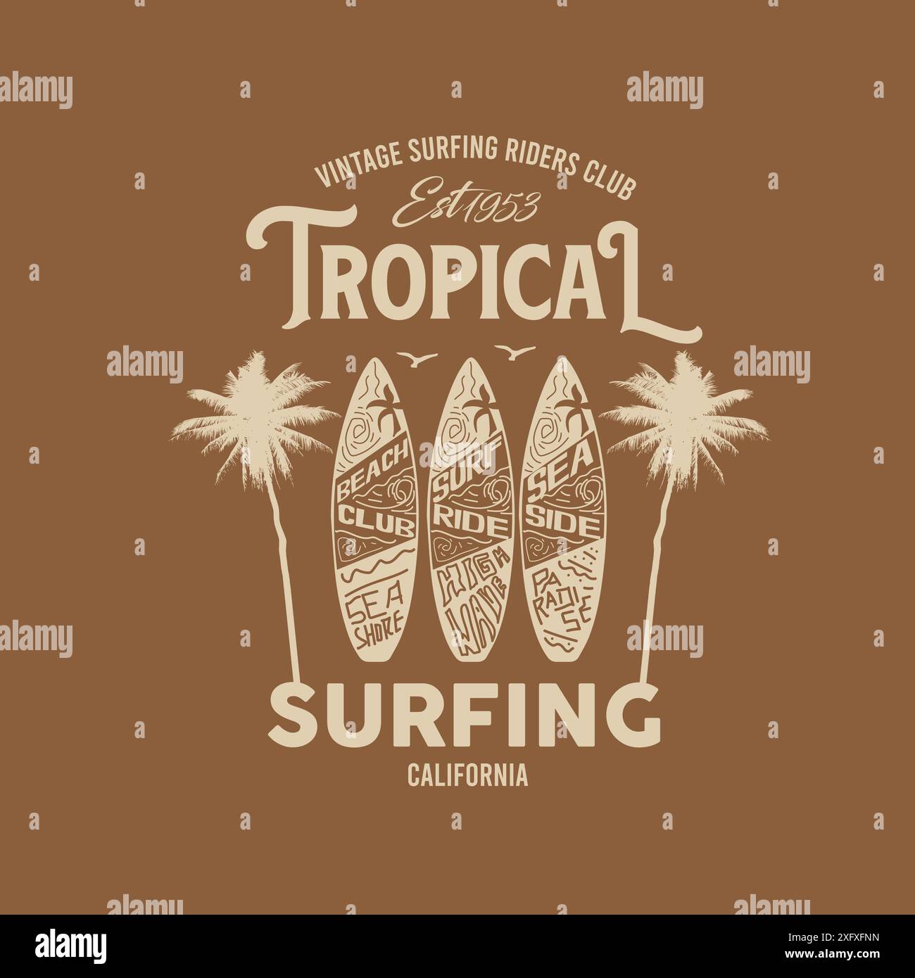 Stile vintage per surf tropicale tipografico con palme da surf Illustrazione Vettoriale