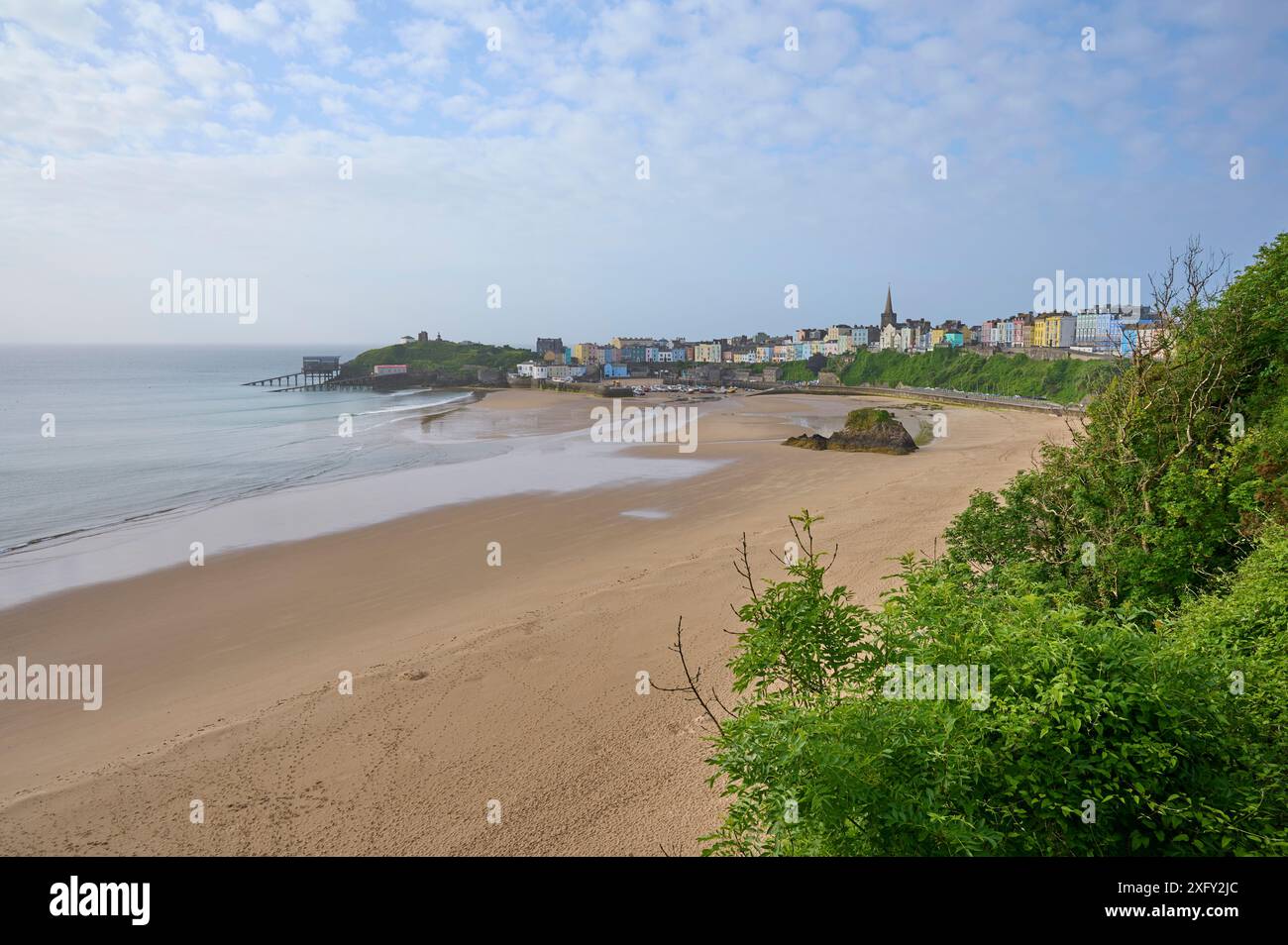 Spiaggia, porto, mare, cielo, nuvole, Summer, Tenby, South Pembrokeshire, Galles, Regno Unito Foto Stock