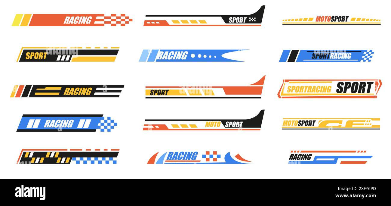 Strisce da corsa. Strisce di bandiera a scacchi e bordi del nastro da corsa per auto, elementi di modifica rapida delle prestazioni del veicolo. Strisce vettoriali isolate Illustrazione Vettoriale