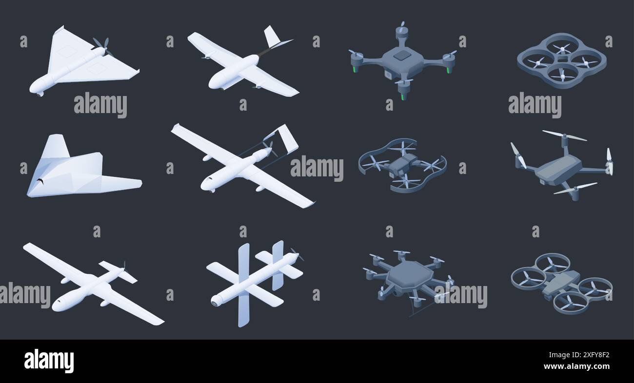 Veicoli aerei senza equipaggio isometrici. Drone militare e aereo spia senza equipaggio con fotocamera, aereo con autopilota e missile a guida laser. Vettore Illustrazione Vettoriale