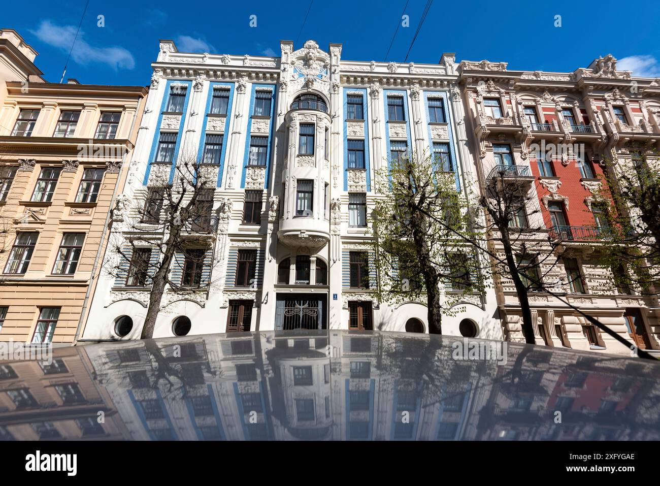 Edificio in stile Art Nouveau sull'Alberta iela, gli edifici in questa strada sono un sito patrimonio dell'umanità dell'UNESCO, riga, Lettonia Foto Stock
